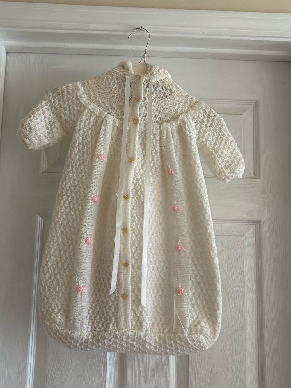 Cream Knit Baby Sleep Sack with Pink Rose Accents